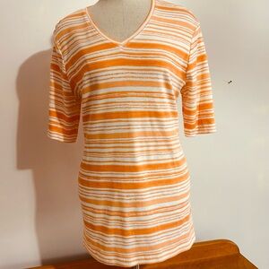 Chico’s v-neck top, tangerine & white, 100% cotton, Chico’s size 2 or a large